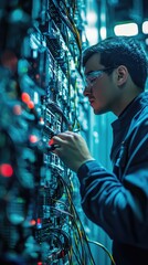Poster - An engineer works meticulously on server connections, surrounded by a vibrant array of lights and technology in a data center.