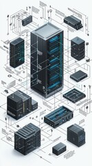 Poster - An intricate digital illustration of a server network with detailed components and connections, showcasing modern technology.