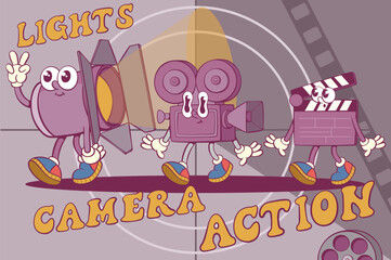 Poster - Retro groovy cinema mascot characters design