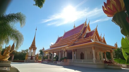 Wall Mural - The beautiful and modern architecture of Wat Phrathat Phanom Wanaram, set against a bright blue sky.