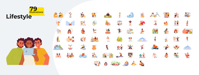 Fototapete - diverse people lifestyle cartoon flat illustrations mega bundle. zodiac signs. newborn care. fitness
