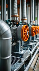 Poster - Close-up of industrial machinery showcasing pipes and valves in a factory setting, emphasizing engineering and production.