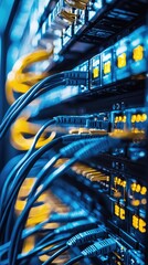 Poster - Close-up of server cables in a data center with blue lighting, showcasing technology and connectivity in modern infrastructure.