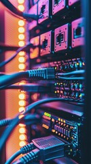 Poster - Close-up of server equipment with colorful LED lights, showcasing network cables and high-tech connections for data storage.