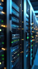 Poster - Close-up view of a server room showcasing advanced technology and illuminated data storage units.
