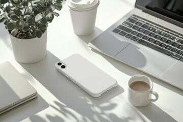 Wall Mural - Elegant white smartphone case mockup with a modern and sleek design, set on a clean white desk with a laptop and coffee cup, bright natural lighting, appealing to tech-savvy and stylish consumers 