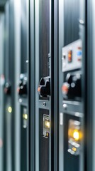 Poster - Close-up view of modern server racks in a data center showcasing technology and connectivity.