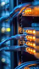 Poster - Close-up view of network cables and illuminated server lights in a data center, showcasing advanced technology and connectivity.