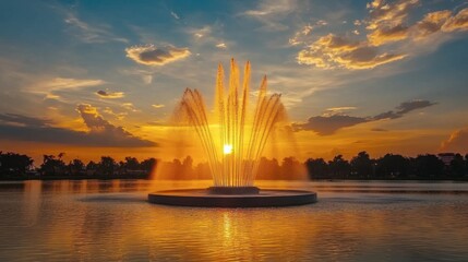 The iconic fountain at Kaen Nakhon Lake, shooting water high into the sky against a stunning sunset.