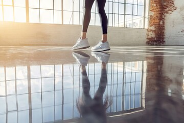 Mujer con ropa deportiva ajustada realizando un ejercicio de step en una clase grupal. La escena capta su dinamismo y equilibrio sobre el paso, con reflejos de luz en el suelo de madera y espejos en l