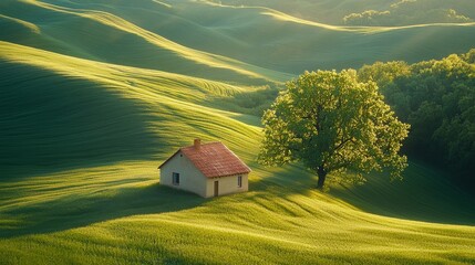 Wall Mural - Photograph of a small house in the middle of an endless green field, surrounded by rolling hills and trees, bathed in soft sunlight casting long shadows on the vibrant grassy landscape