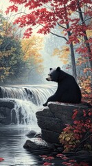 Canvas Print - A serene bear sits by a waterfall, surrounded by vibrant autumn foliage.