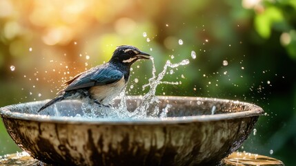 Sticker - A bird splashes joyfully in a water bowl, surrounded by a soft, natural background.