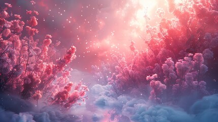 Sticker - Pink Flower Field Dreamscape: A Surreal Sunset Fantasy