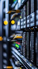 Poster - Detailed view of a modern server rack with illuminated components showcasing technology and data management.