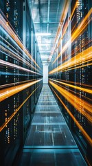 Poster - Dynamic data center corridor showcasing glowing lines of data flow between server racks in a modern technology environment.