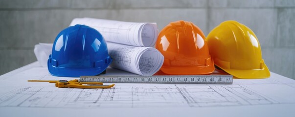 Colorful construction helmets and blueprints on a work table highlighting safety and planning in building projects.