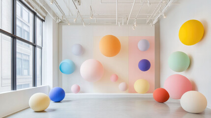 Wall Mural - Colorful geometric spheres installation in modern gallery space, showcasing vibrant hues and playful shapes that create cheerful atmosphere