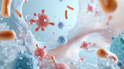 Fototapete - Microbial clusters are depicted in this vibrant 3D illustration, showcasing various microorganisms interacting in fluid environment. colorful representation evokes sense of complexity and life