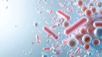 Fototapete - Microbial clusters are depicted in this vibrant 3D illustration, showcasing various shapes and colors. dynamic interaction of these microorganisms creates fascinating visual experience