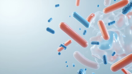 Fototapete - Microbial clusters are depicted in this 3D illustration, showcasing various shapes and colors of bacteria. vibrant colors and dynamic arrangement evoke sense of complexity and life in microscopic