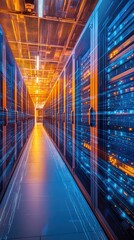 Poster - Futuristic data center corridor filled with servers and glowing lights, showcasing advanced technology and digital innovation.