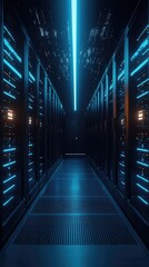 Poster - Futuristic data center corridor with glowing blue lights and rows of server racks for cutting-edge technology.