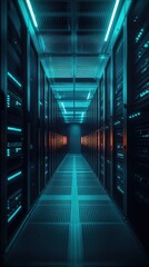 Poster - Futuristic data center corridor with illuminated racks and cool blue lights, showcasing advanced technology and cybersecurity.