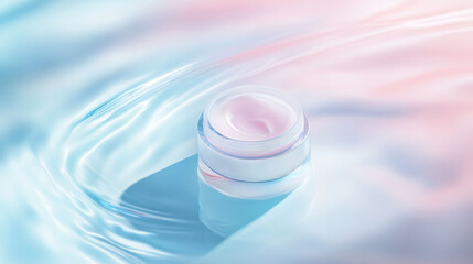 Poster - cosmetic product sits elegantly on pastel surface, surrounded by gentle water ripples, creating serene and calming atmosphere. soft colors enhance products appeal