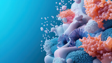 Fototapete - This showcases vibrant microbial life clusters with intricate 3D textures, featuring organic shapes and colorful formations that evoke sense of wonder and exploration