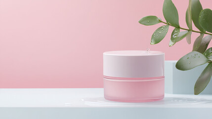 Aufkleber - pastel skincare jar sits elegantly on light surface, surrounded by fresh greenery and water droplets, evoking sense of calm and rejuvenation