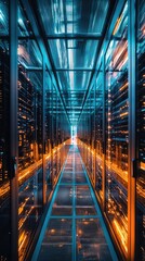 Poster - Futuristic data center illuminated by vibrant lights, showcasing advanced technology and streamlined digital infrastructure.