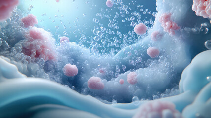 Fototapete - Microbial organisms forming clusters in 3D organic environment, showcasing vibrant colors and bubbles. This captures intricate beauty of microscopic life