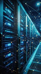 Poster - Futuristic server room with illuminated technology, showcasing data connectivity and a high-tech digital environment.