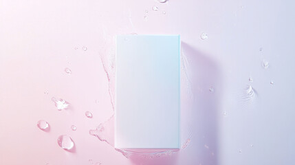 Poster - Minimal pastel packaging in hero shot with water droplets, creating serene and fresh atmosphere. soft colors and clean design evoke sense of calm and elegance
