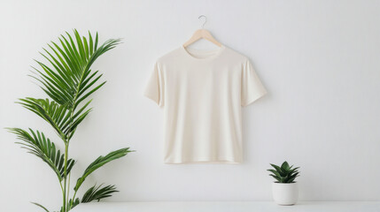 Aufkleber - Minimalist flat lay of neutral t shirt hanging on white wall, surrounded by greenery, creating serene and stylish atmosphere