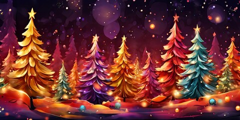 Poster - A colorful Christmas scene with many trees and a star