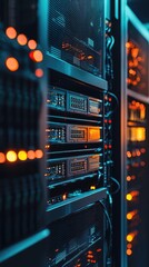 Poster - High-tech server room featuring illuminated equipment and advanced technology for data storage and management.