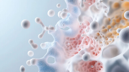 Fototapete - Organically textured microbial clusters form intricate 3D structures, showcasing blend of colors and shapes. This captivating image highlights beauty of microscopic life