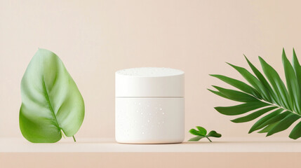 Poster - minimalist cream jar surrounded by tropical leaves creates serene and refreshing atmosphere. dewdrops on jar enhance its natural appeal, making it perfect for skincare products