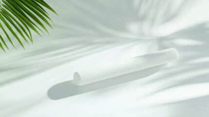 Poster - minimalist white tube rests on soft surface, surrounded by gentle shadows and green leaf, creating serene and calming atmosphere