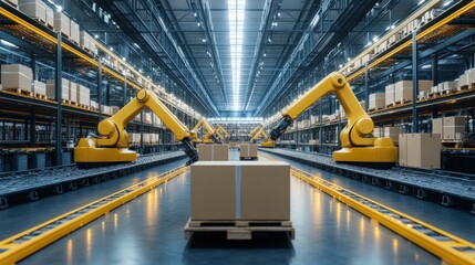 Poster - in a spacious warehouse, robotic arms are actively transporting and organizing boxes, optimizing log