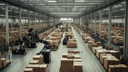 Poster - In a vast warehouse, robotic arms are actively moving and sorting boxes along spacious aisles, showcasing advanced automation technology in action