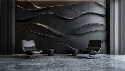 Poster - Two Black Armchairs Facing Each Other in a Modern Room with a Wavy Black Wall