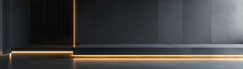 Wall Mural - Minimalist Black and Gold Platform with Illuminated Edge