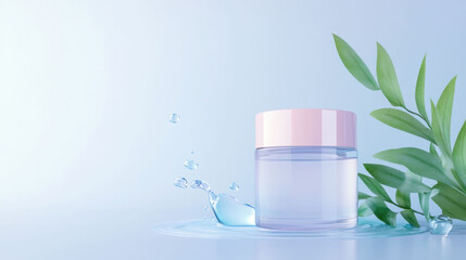 Poster - softly lit pastel cosmetic container sits elegantly beside fresh green leaves, surrounded by gentle water droplets, creating serene and refreshing atmosphere