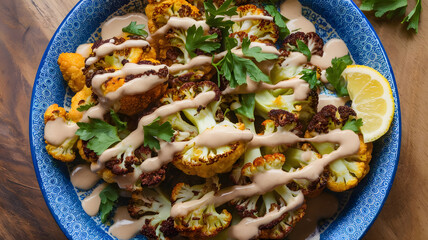 Wall Mural - A colorful platter of fried cauliflower (arnabeet), drizzled with tahini sauce, and garnished with fresh parsley and a wedge of lemon.
