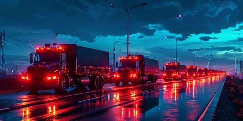 Poster - A line of trucks are driving down a wet road at night