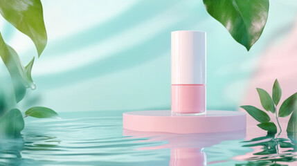 Poster - Softly lit pastel cosmetic product surrounded by serene water and lush green leaves, creating tranquil and refreshing atmosphere