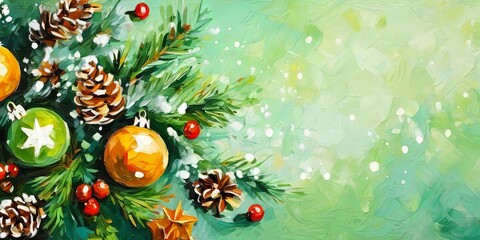 Poster - A painting of a Christmas tree with a green background and a green star